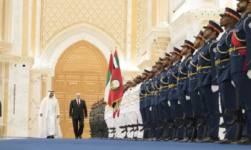 Putin Visits UAE: Abu Dhabi Landmarks Lit Up with Colors of Russian Flag